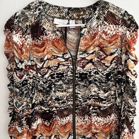 Chico's 2/L Brown Black Blouse Jacket Abstract Animal Zip Ruched 3/4 Sleeve Bold - Picture 1 of 7